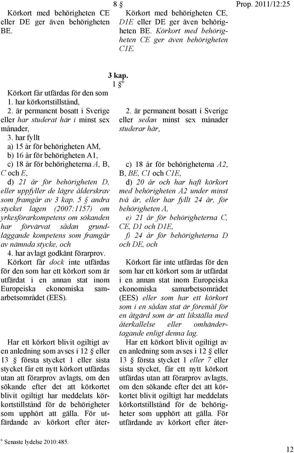 har fyllt a) 15 år för behörigheten AM, b) 16 år för behörigheten A1, c) 18 år för behörigheterna A, B, C och E, d) 21 år för behörigheten D, eller uppfyller de lägre ålderskrav som framgår av 3 kap.