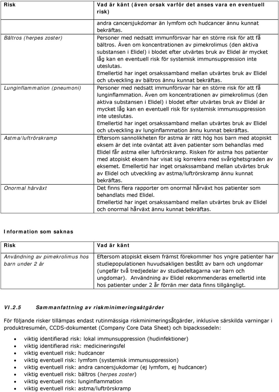 Även om koncentrationen av pimekrolimus (den aktiva substansen i Elidel) i blodet efter utvärtes bruk av Elidel är mycket låg kan en eventuell risk för systemisk immunsuppression inte uteslutas.