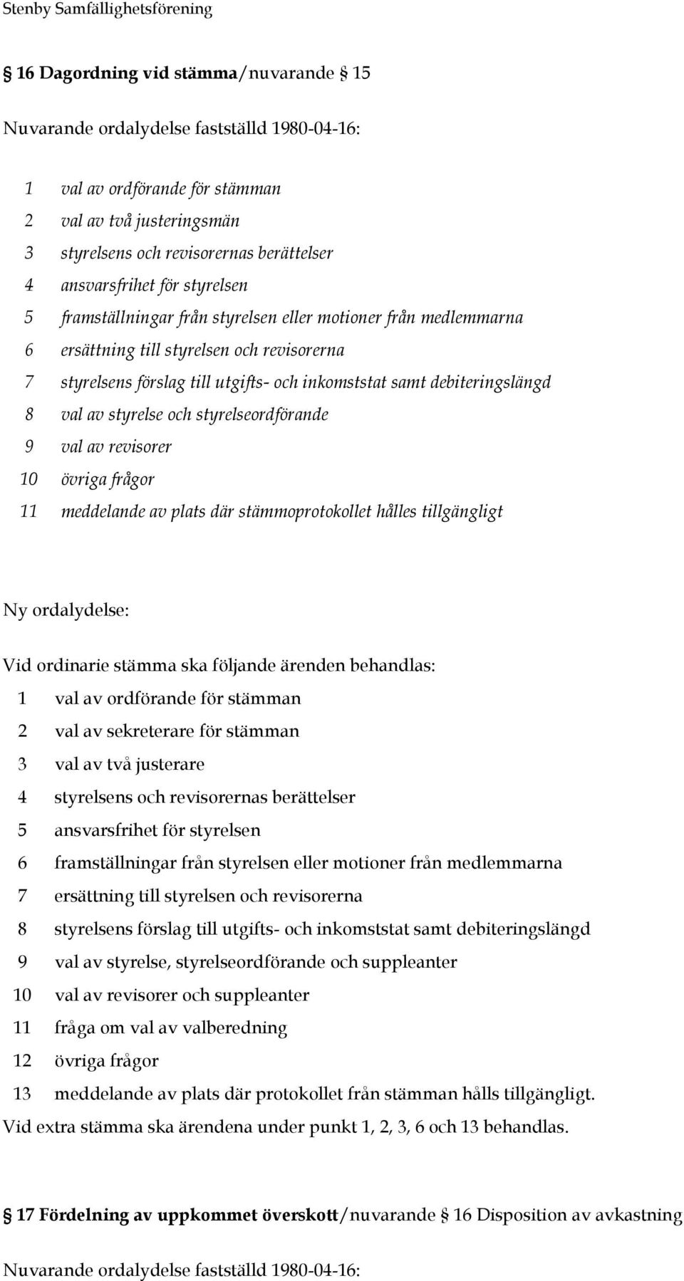 9 val av revisorer 10 övriga frågor 11 meddelande av plats där stämmoprotokollet hålles tillgängligt Vid ordinarie stämma ska följande ärenden behandlas: 1 val av ordförande för stämman 2 val av