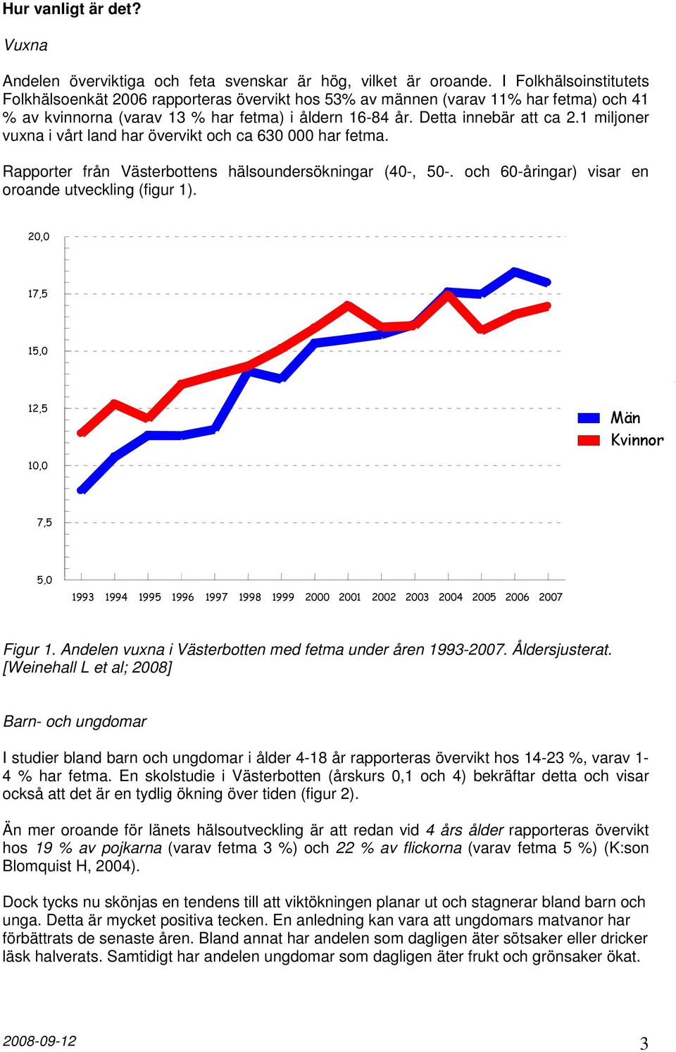 1 miljoner vuxna i vårt land har övervikt och ca 630 000 har fetma. Rapporter från Västerbottens hälsoundersökningar (40-, 50-. och 60-åringar) visar en oroande utveckling (figur 1).