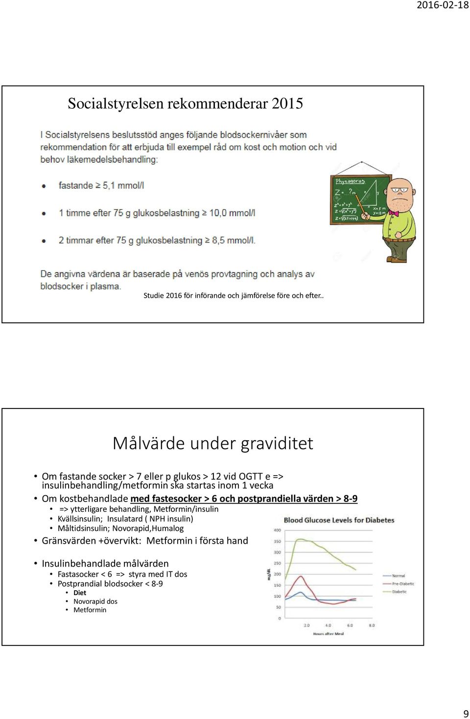 kostbehandlade med fastesocker > 6 och postprandiella värden > 8-9 => ytterligare behandling, Metformin/insulin Kvällsinsulin; Insulatard( NPH