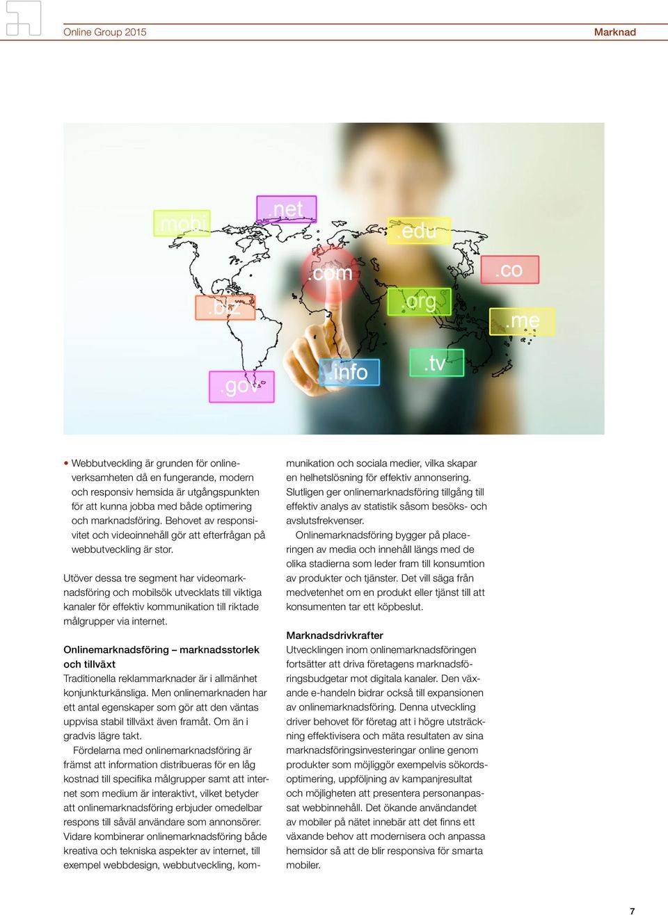 Utöver dessa tre segment har videomarknadsföring och mobilsök utvecklats till viktiga kanaler för effektiv kommunikation till riktade målgrupper via internet.