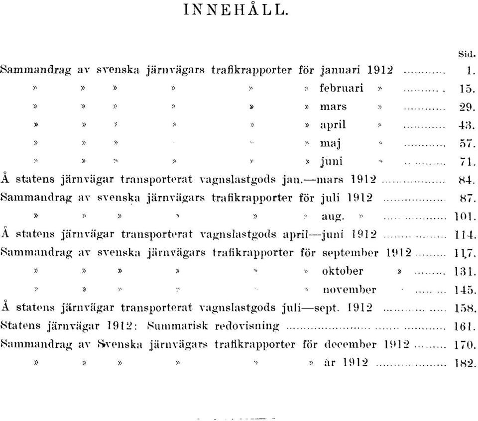 Sammandrag av svenska järnvägars trafikrapporter för juni 1912 71. Å statens järnvägar transporterat vagnslastgods jan. mars 1912 84. Sammandrag av svenska järnvägars trafikrapporter för juli 1912 87.