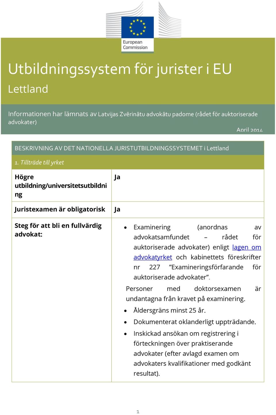 Tillträde till yrket Högre utbildning/universitetsutbildni ng Juristexamen är obligatorisk Steg för att bli en fullvärdig advokat: Examinering (anordnas av advokatsamfundet rådet för auktoriserade