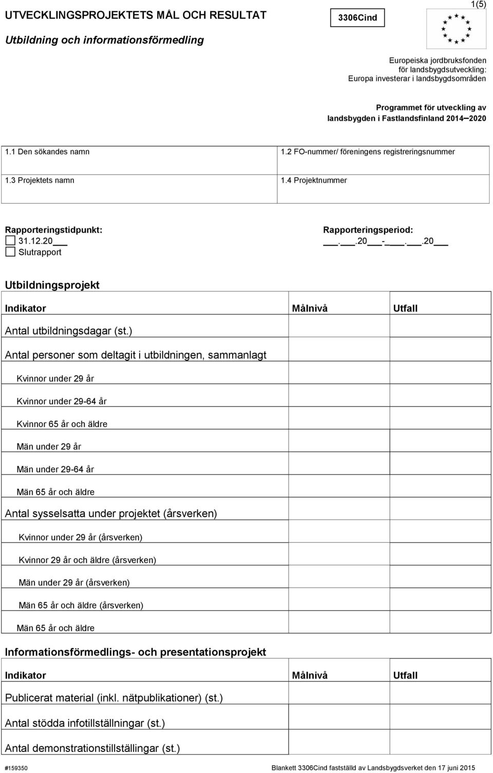 4 Projektnummer Rapporteringstidpunkt: Rapporteringsperiod: 31.12.20..20 -_..20 Slutrapport Utbildningsprojekt Indikator Målnivå Utfall Antal utbildningsdagar (st.