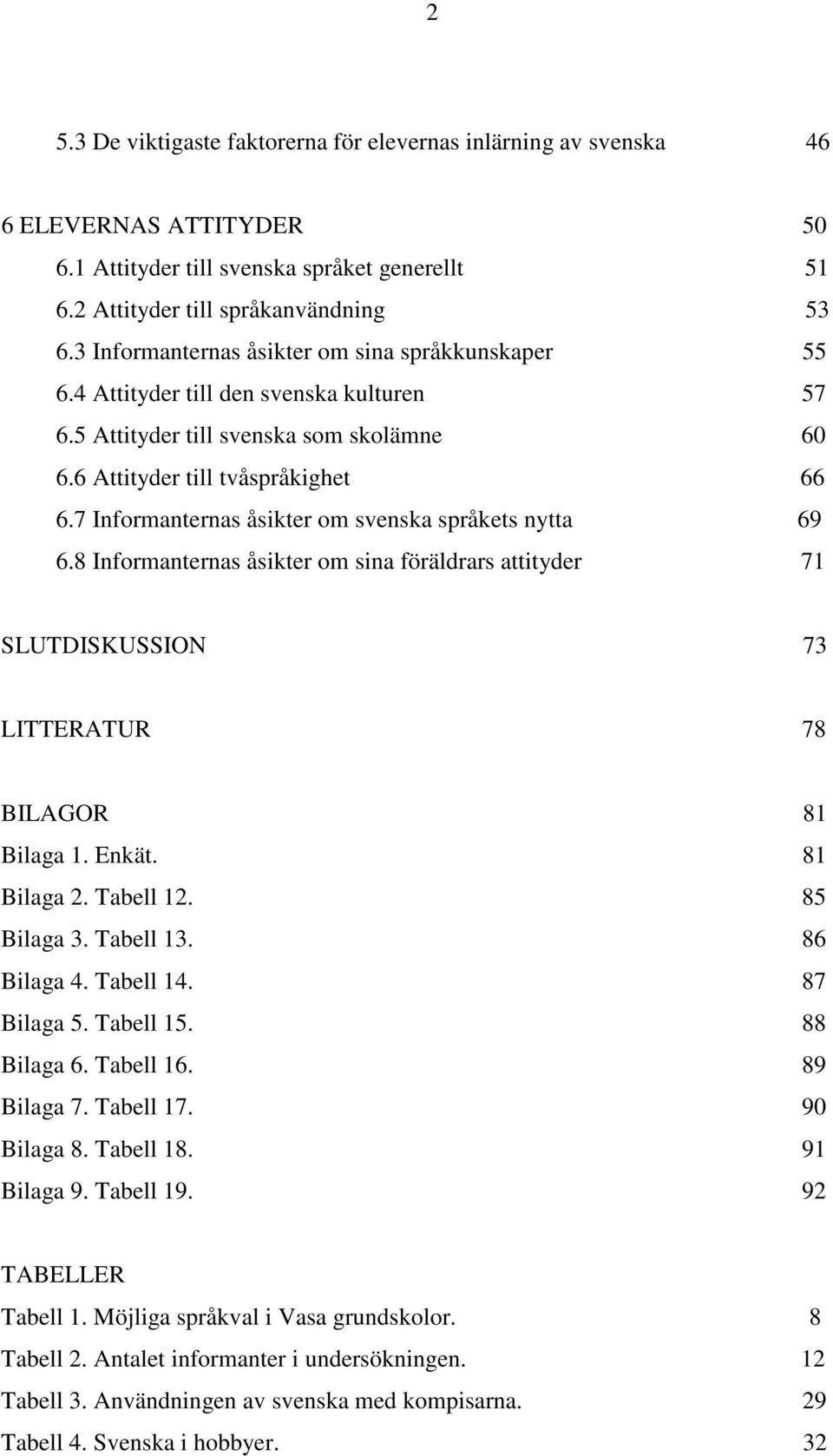 7 Informanternas åsikter om svenska språkets nytta 69 6.8 Informanternas åsikter om sina föräldrars attityder 71 SLUTDISKUSSION 73 LITTERATUR 78 BILAGOR 81 Bilaga 1. Enkät. 81 Bilaga 2. Tabell 12.