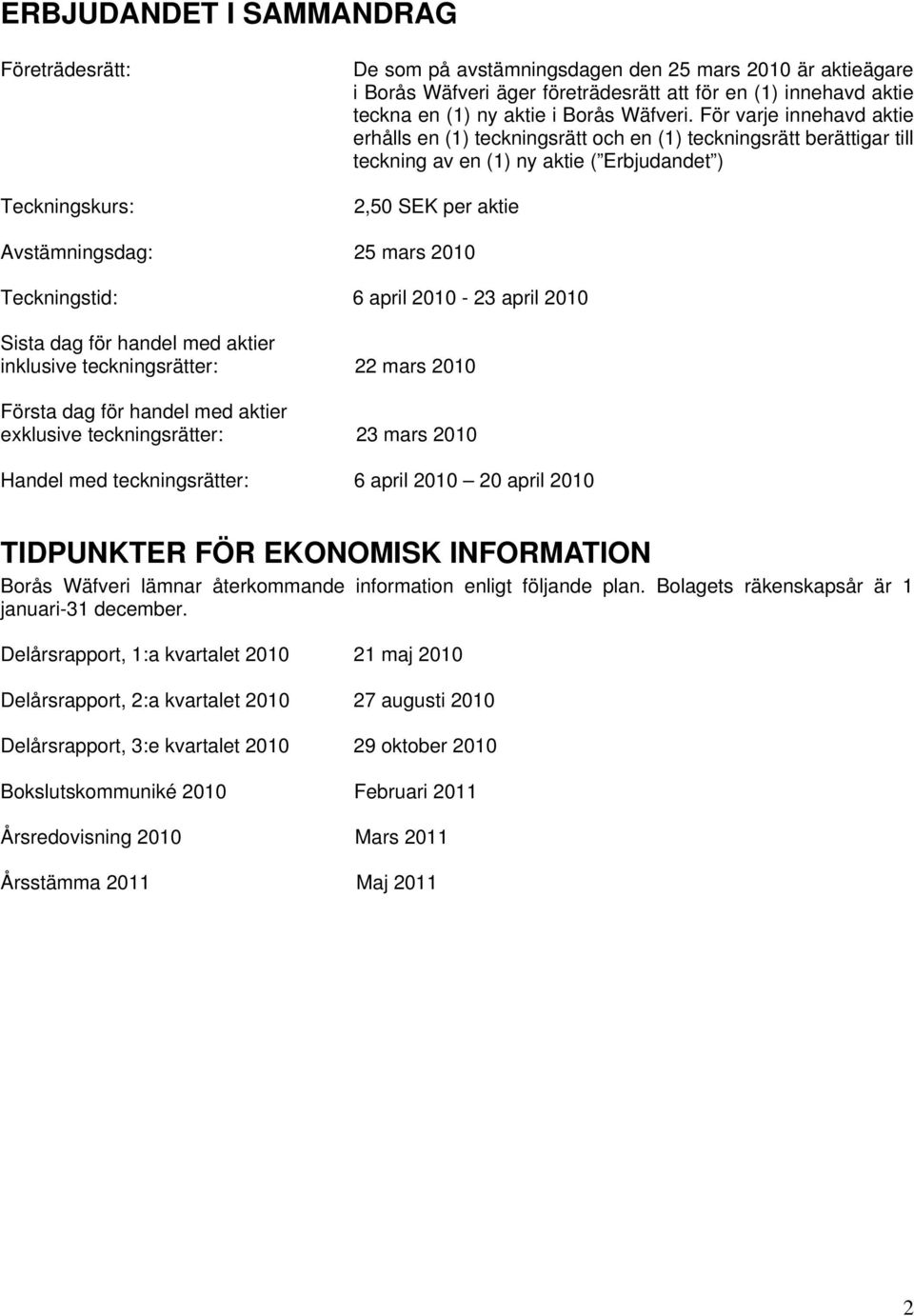 För varje innehavd aktie erhålls en (1) teckningsrätt och en (1) teckningsrätt berättigar till teckning av en (1) ny aktie ( Erbjudandet ) 2,50 SEK per aktie Avstämningsdag: 25 mars 2010