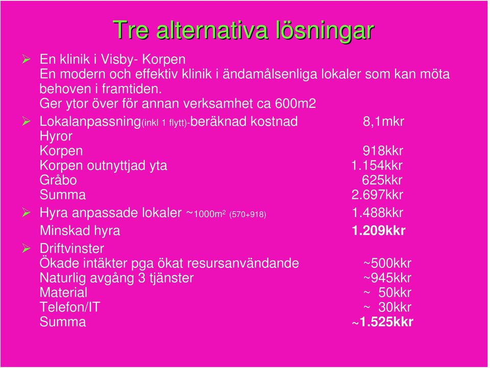 Ger ytor över för annan verksamhet ca 600m2 Lokalanpassning(inkl 1 flytt)-beräknad kostnad 8,1mkr Hyror Korpen 918kkr Korpen