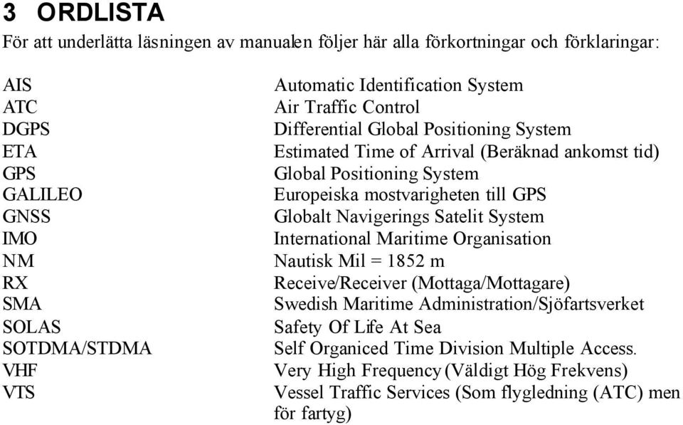 mostvarigheten till GPS Globalt Navigerings Satelit System International Maritime Organisation Nautisk Mil = 1852 m Receive/Receiver (Mottaga/Mottagare) Swedish Maritime