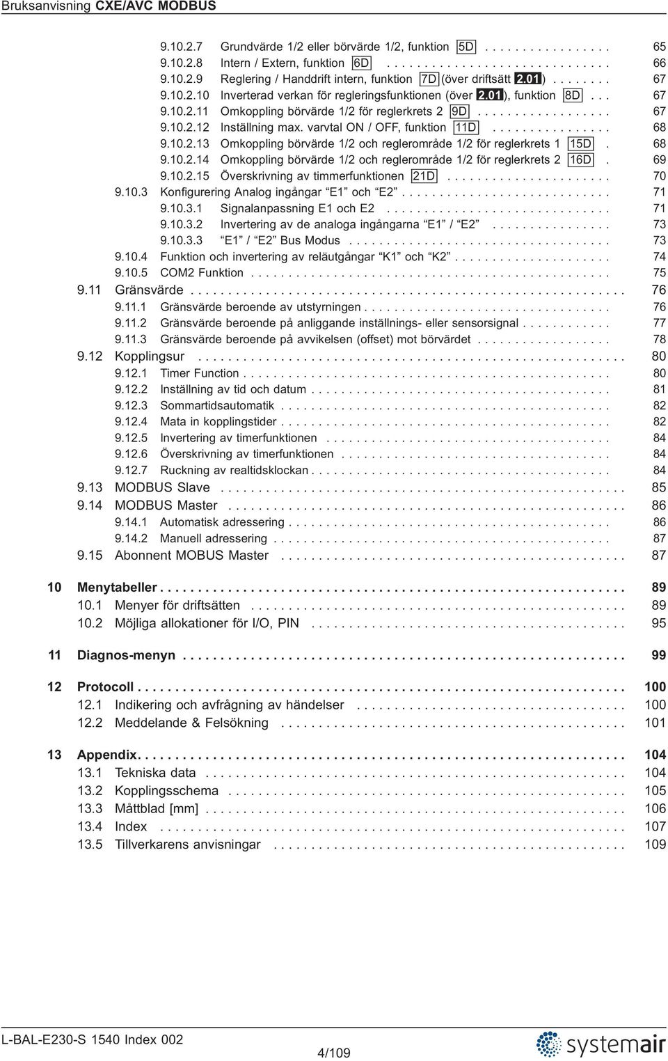 varvtal ON /, funktion 11D................ 68 9.10.2.13 Omkoppling börvärde 1/2 och reglerområde 1/2 för reglerkrets 1 15D. 68 9.10.2.14 Omkoppling börvärde 1/2 och reglerområde 1/2 för reglerkrets 2 16D.