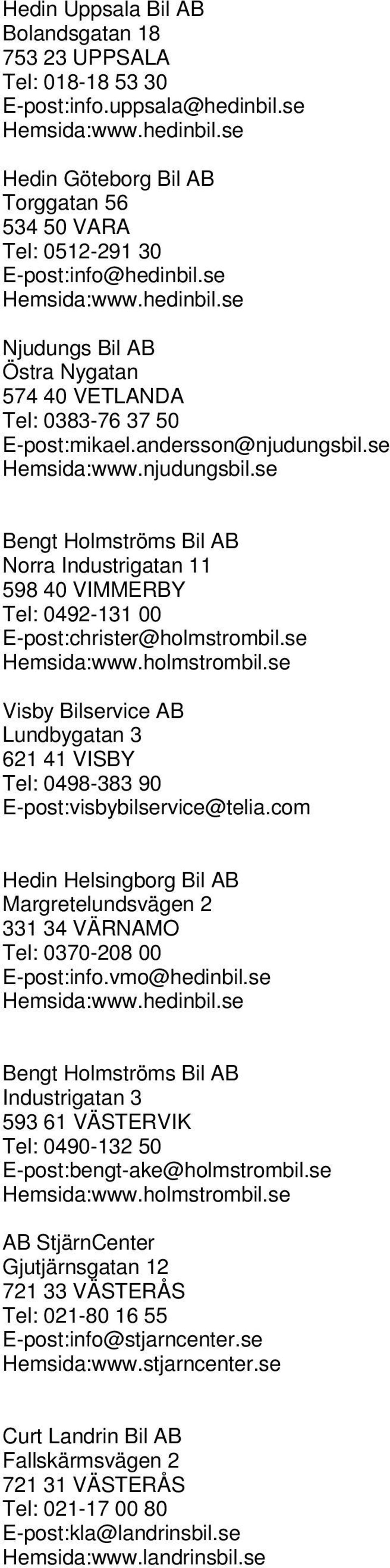 se Hemsida:www.njudungsbil.se Bengt Holmströms Bil AB Norra Industrigatan 11 598 40 VIMMERBY Tel: 0492-131 00 E-post:christer@holmstrombil.