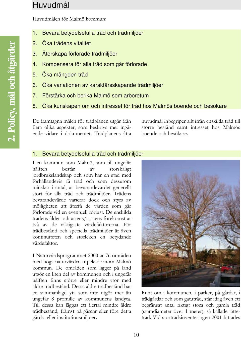 Öka kunskapen om och intresset för träd hos Malmös boende och besökare De framtagna målen för trädplanen utgår från flera olika aspekter, som beskrivs mer ingående vidare i dokumentet.