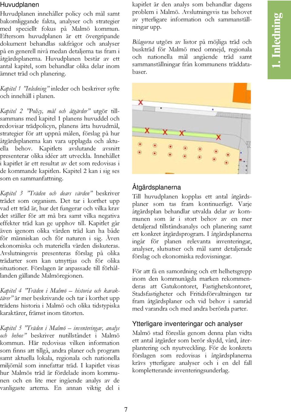 Huvudplanen består av ett antal kapitel, som behandlar olika delar inom ämnet träd och planering. kapitlet är den analys som behandlar dagens problem i Malmö.