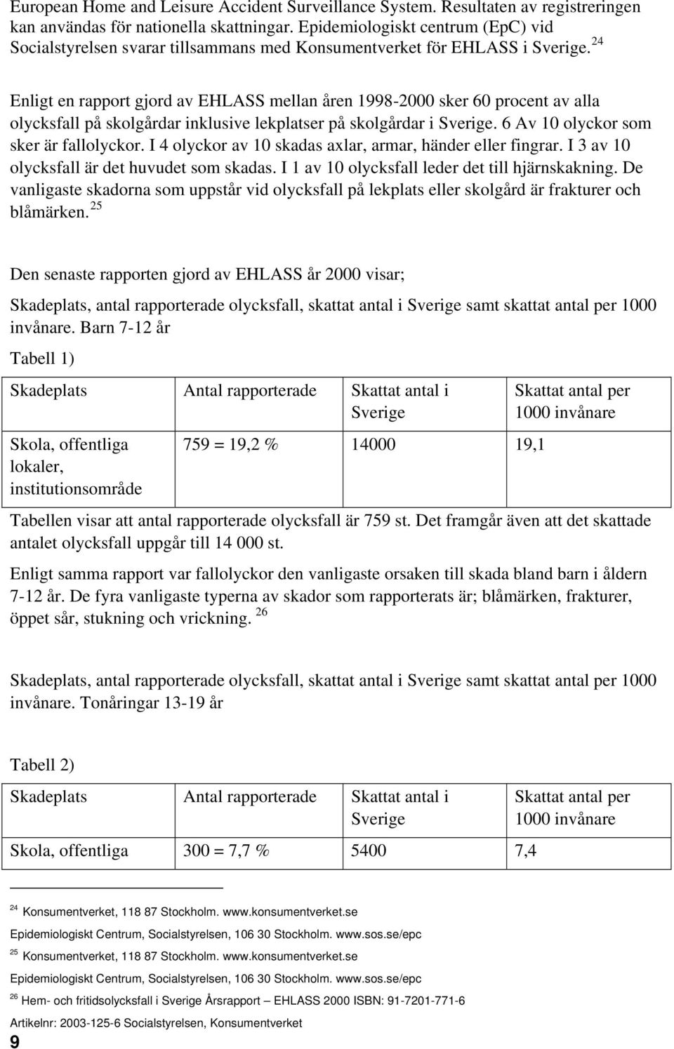 24 Enligt en rapport gjord av EHLASS mellan åren 1998-2000 sker 60 procent av alla olycksfall på skolgårdar inklusive lekplatser på skolgårdar i Sverige. 6 Av 10 olyckor som sker är fallolyckor.