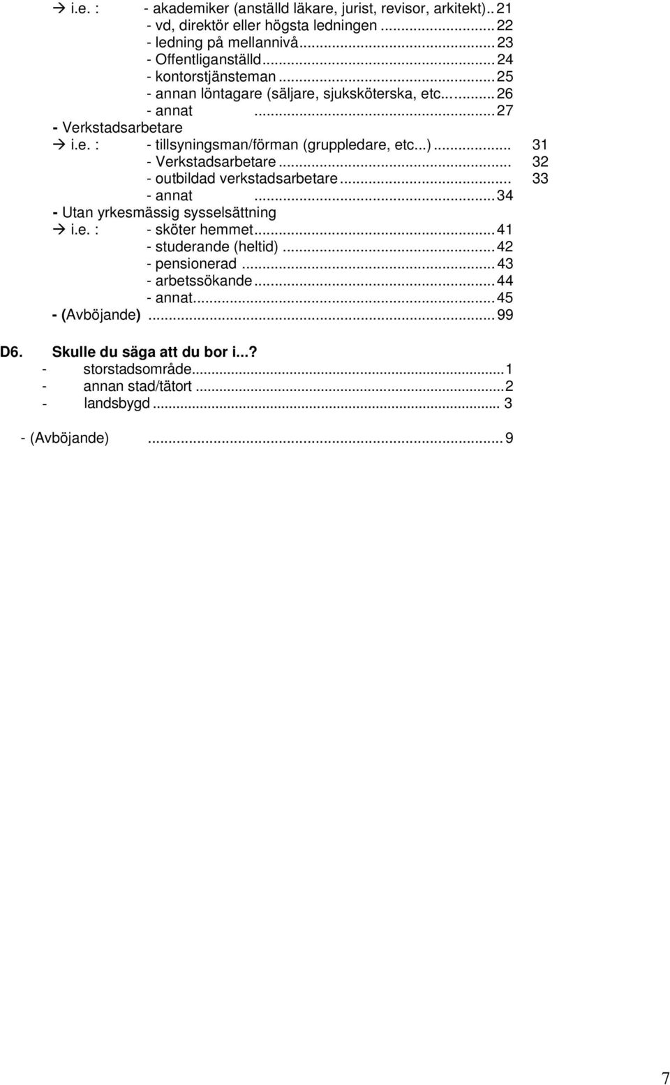 .. 31 - Verkstadsarbetare... 32 - outbildad verkstadsarbetare... 33 - annat...34 - Utan yrkesmässig sysselsättning i.e. : - sköter hemmet...41 - studerande (heltid).