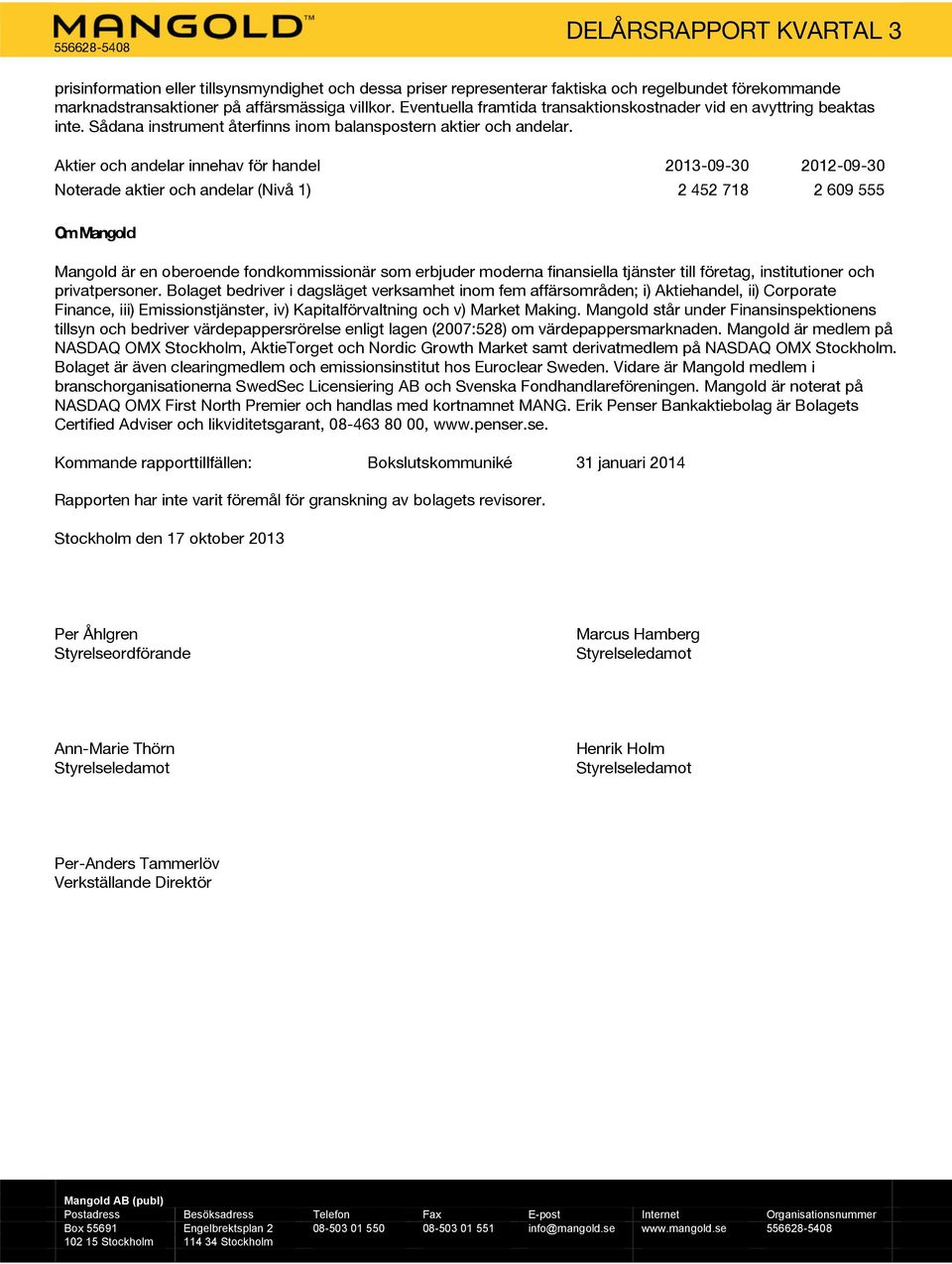 Aktier och andelar innehav för handel 2013-09-30 2012-09-30 Noterade aktier och andelar (Nivå 1) 2 452 718 2 609 555 OmMangold Mangold är en oberoende fondkommissionär som erbjuder moderna