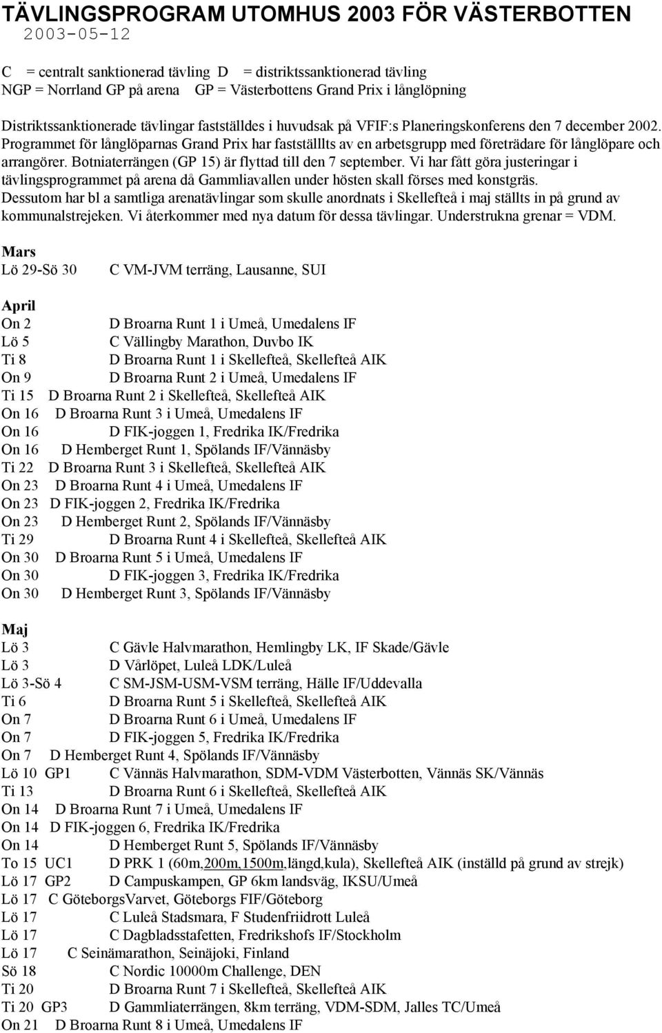 Programmet för långlöparnas Grand Prix har fastställlts av en arbetsgrupp med företrädare för långlöpare och arrangörer. Botniaterrängen (GP 15) är flyttad till den 7 september.