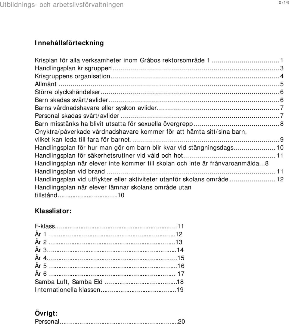 .. 8 Onyktra/påverkade vårdnadshavare kommer för att hämta sitt/sina barn, vilket kan leda till fara för barnet.... 9 Handlingsplan för hur man gör om barn blir kvar vid stängningsdags.