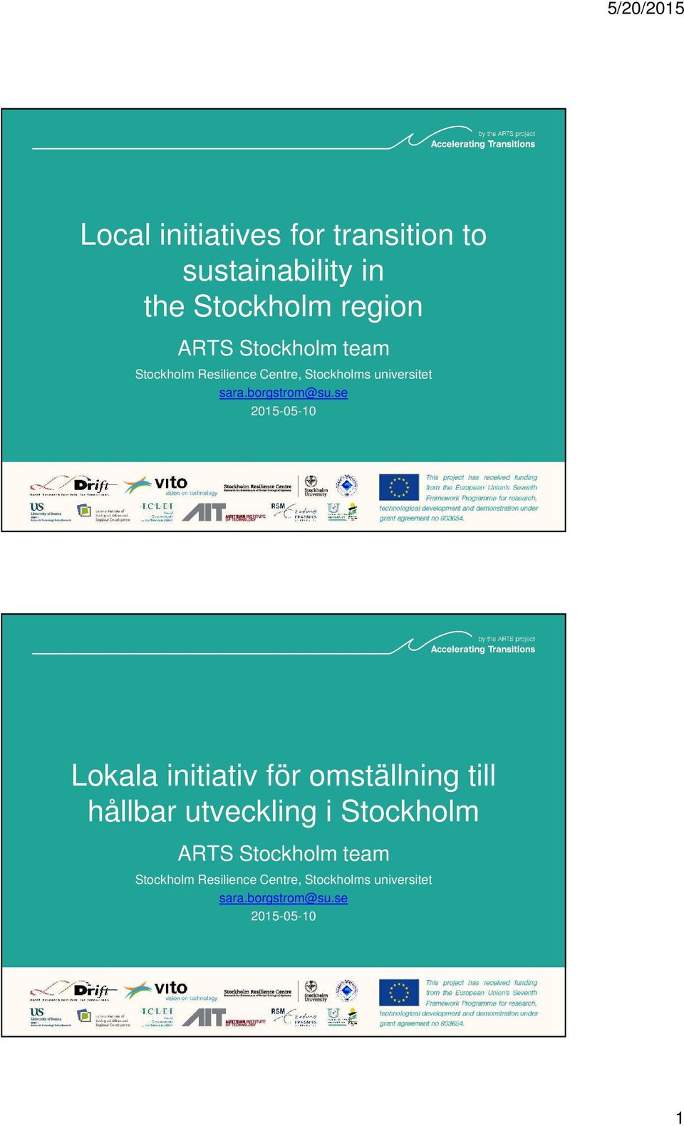 se 2015-05-10 Lokala initiativ för omställning till hållbar utveckling i Stockholm ARTS