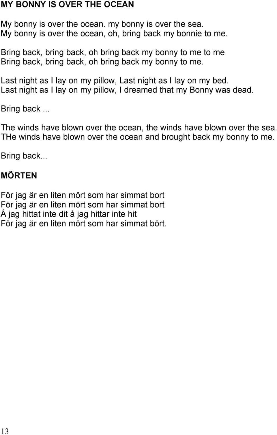 Last night as I lay on my pillow, I dreamed that my Bonny was dead. Bring back... The winds have blown over the ocean, the winds have blown over the sea.