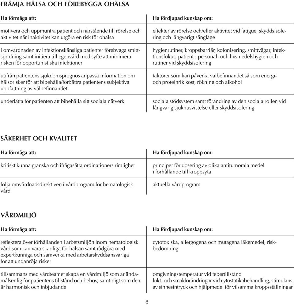bibehålla/förbättra patientens subjektiva uppfattning av välbefinnandet underlätta för patienten att bibehålla sitt sociala nätverk Ha fördjupad kunskap om: effekter av rörelse och/eller aktivitet