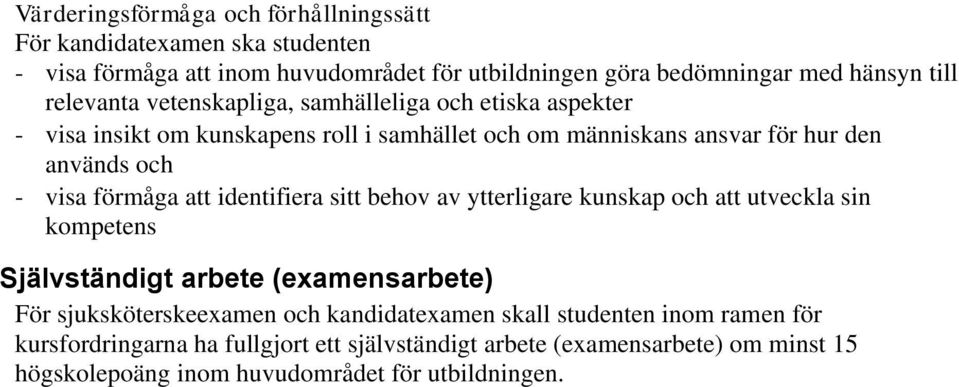 förmåga att identifiera sitt behov av ytterligare kunskap och att utveckla sin kompetens Självständigt arbete (examensarbete) För sjuksköterskeexamen och