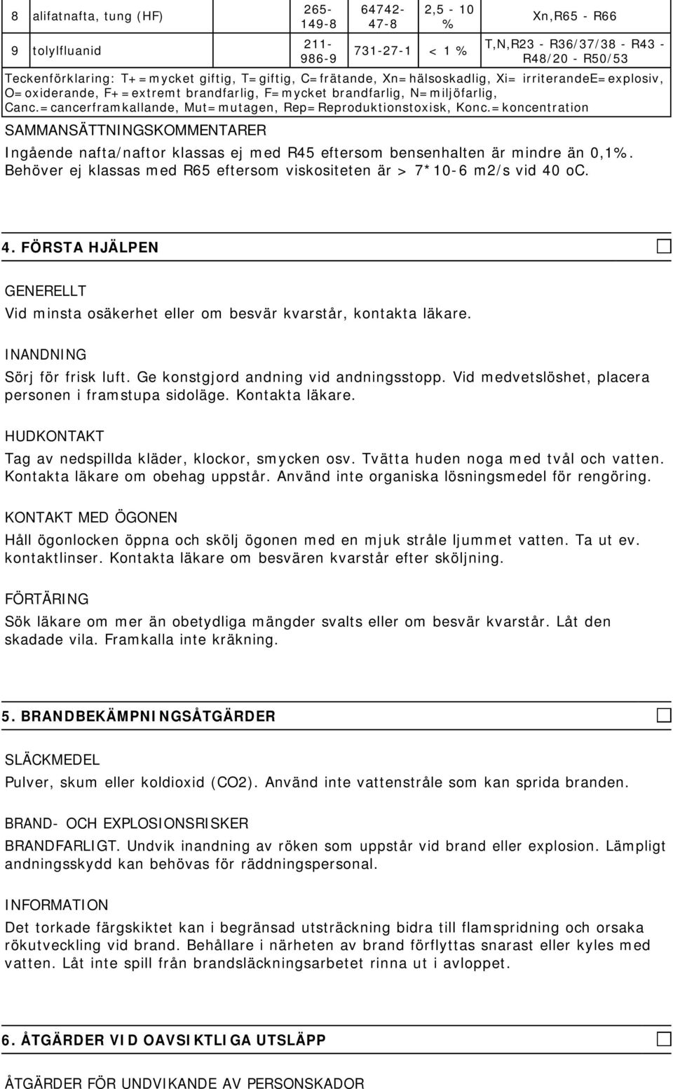=koncentration SAMMANSÄTTNINGSKOMMENTARER Ingående nafta/naftor klassas ej med R45 eftersom bensenhalten är mindre än 0,1%. Behöver ej klassas med R65 eftersom viskositeten är > 7*10-6 m2/s vid 40 oc.