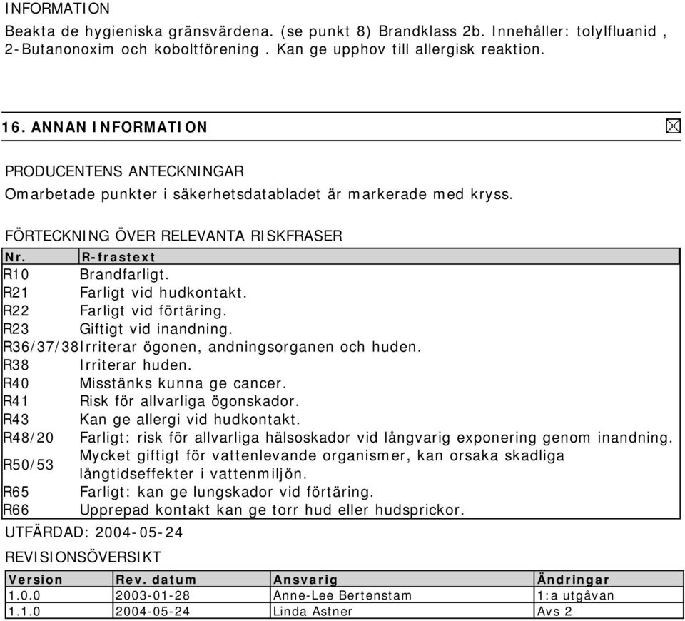 R21 Farligt vid hudkontakt. R22 Farligt vid förtäring. R23 Giftigt vid inandning. R36/37/38Irriterar ögonen, andningsorganen och huden. R38 Irriterar huden. R40 Misstänks kunna ge cancer.