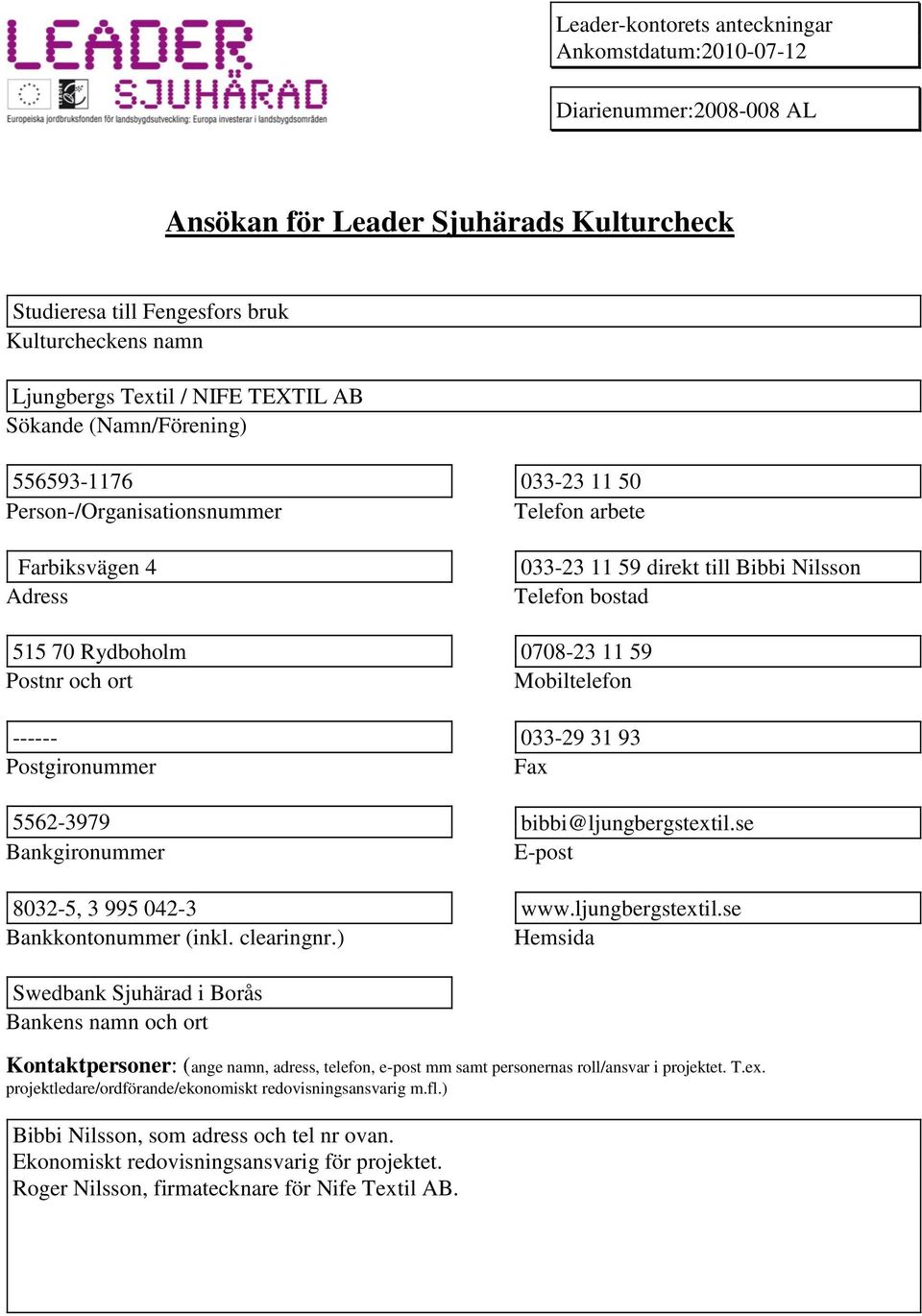 0708-23 11 59 Ponr och ort Mobiltelefon ------ 033-29 31 93 Pogironummer Fax 5562-3979 bibbi@ljungbergextil.se Bankgironummer E-po 8032-5, 3 995 042-3 www.ljungbergextil.se Bankkontonummer (inkl.