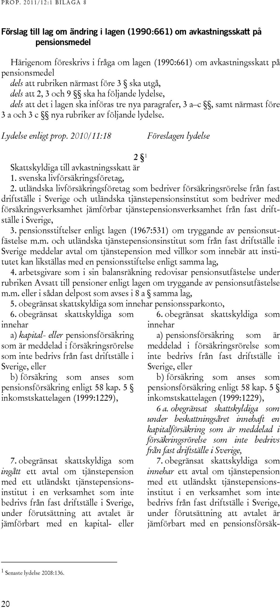 Lydelse enligt prop. 2010/11:18 Föreslagen lydelse 2 1 Skattskyldiga till avkastningsskatt är 1. svenska livförsäkringsföretag, 2.