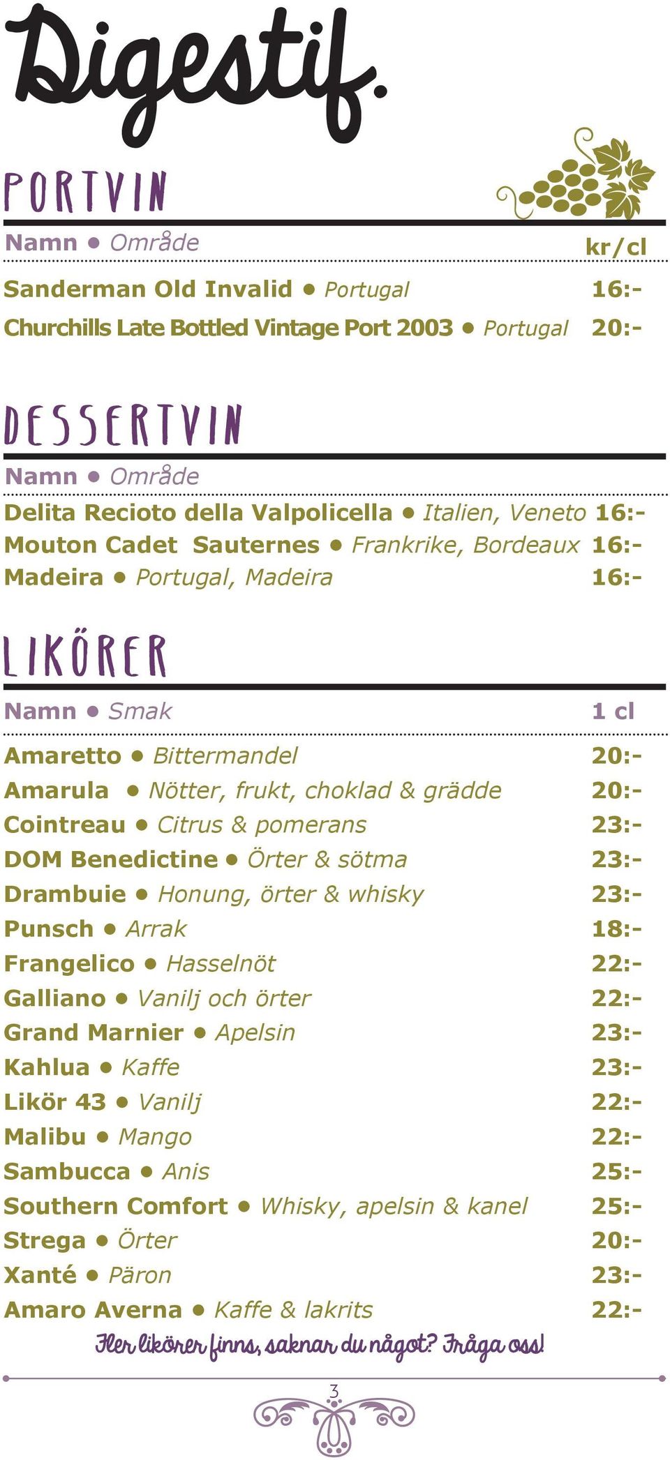 Frankrike, Bordeaux 16:- Madeira Portugal, Madeira 16:- Likörer Namn Smak Amaretto Bittermandel 20:- Amarula Nötter, frukt, choklad & grädde 20:- Cointreau Citrus & pomerans 23:- DOM Benedictine