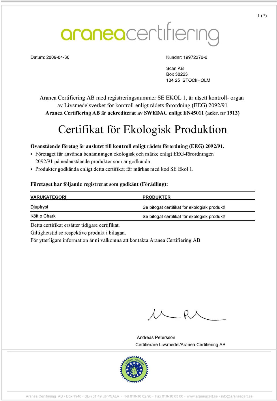 Företaget får använda benämningen ekologisk och märke enligt EEG-förordningen 2092/91 på nedanstående produkter som är godkända.