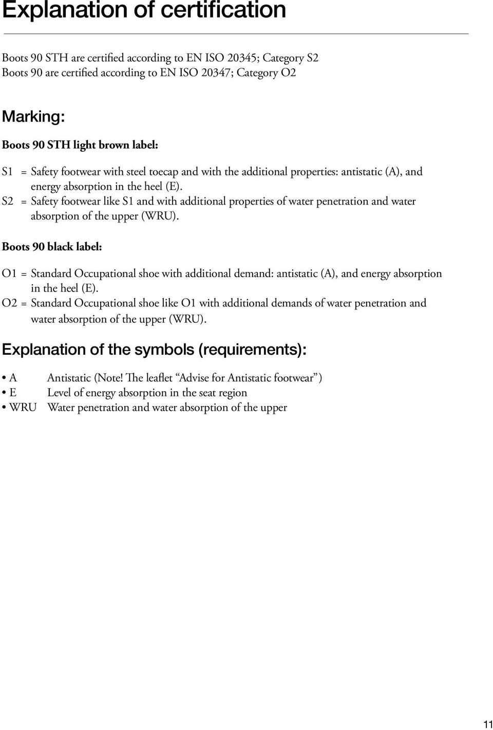 S2 = Safety footwear like S1 and with additional properties of water penetration and water absorption of the upper (WRU).