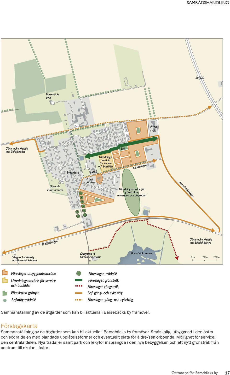 Barsebäcks mosse 0 m 100 m 200 m Föreslaget utbyggnadsområde Utredningsområde för service och bostäder Föreslagen grönyta Befintlig trädallé Föreslagen trädallé Föreslaget grönstråk Föreslaget