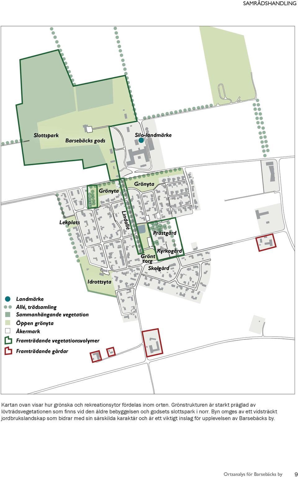 fördelas inom orten. Grönstrukturen är starkt präglad av lövträdsvegetationen som fi nns vid den äldre bebyggelsen och godsets slottspark i norr.