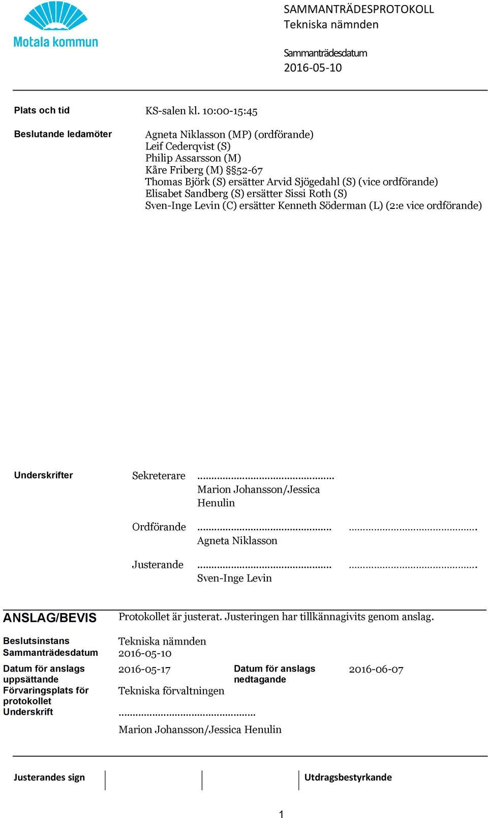 ordförande) Elisabet Sandberg (S) ersätter Sissi Roth (S) Sven-Inge Levin (C) ersätter Kenneth Söderman (L) (2:e vice ordförande) Underskrifter Sekreterare.