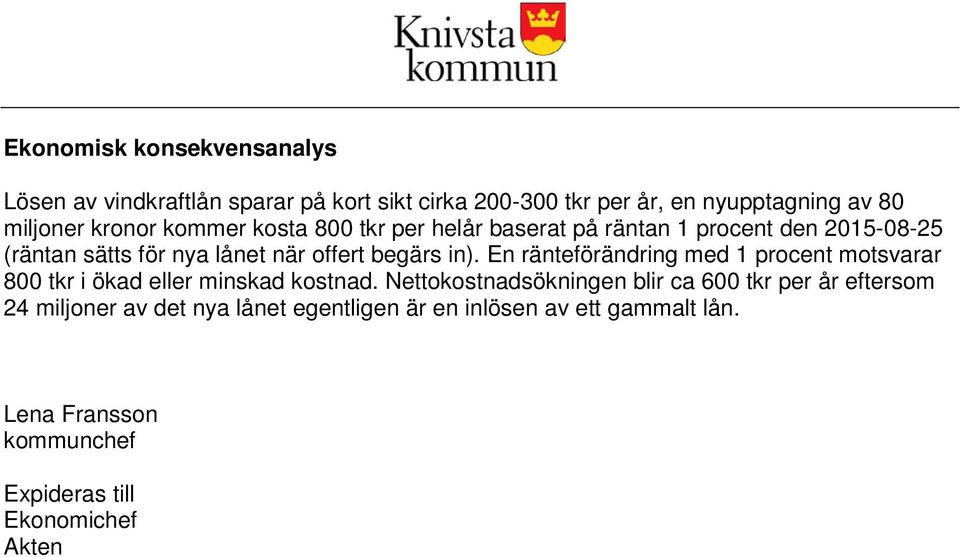 En ränteförändring med 1 procent motsvarar 800 tkr i ökad eller minskad kostnad.