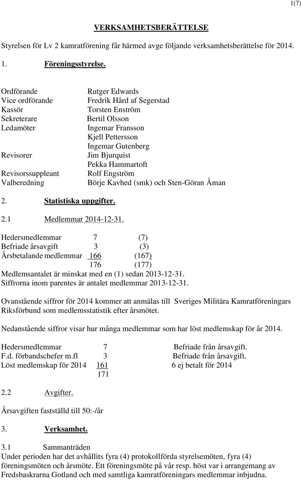Pettersson Ingemar Gutenberg Jim Bjurquist Pekka Hammartoft Rolf Engström Börje Kavhed (smk) och Sten-Göran Åman 2. Statistiska uppgifter. 2.1 Medlemmar 2014-12-31.