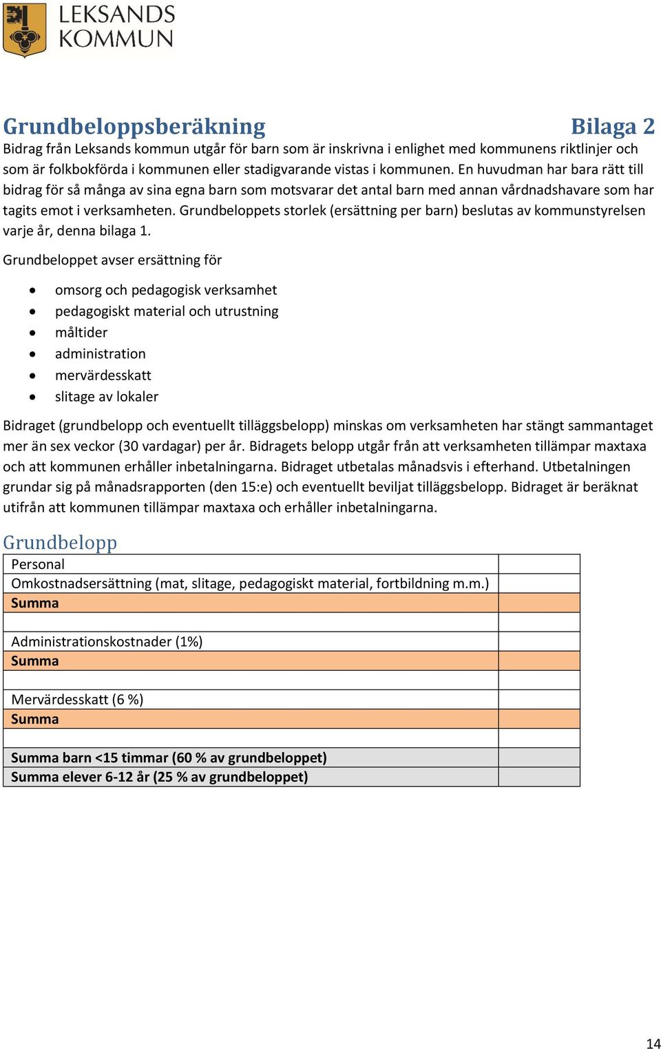 Grundbeloppets storlek (ersättning per barn) beslutas av kommunstyrelsen varje år, denna bilaga 1.