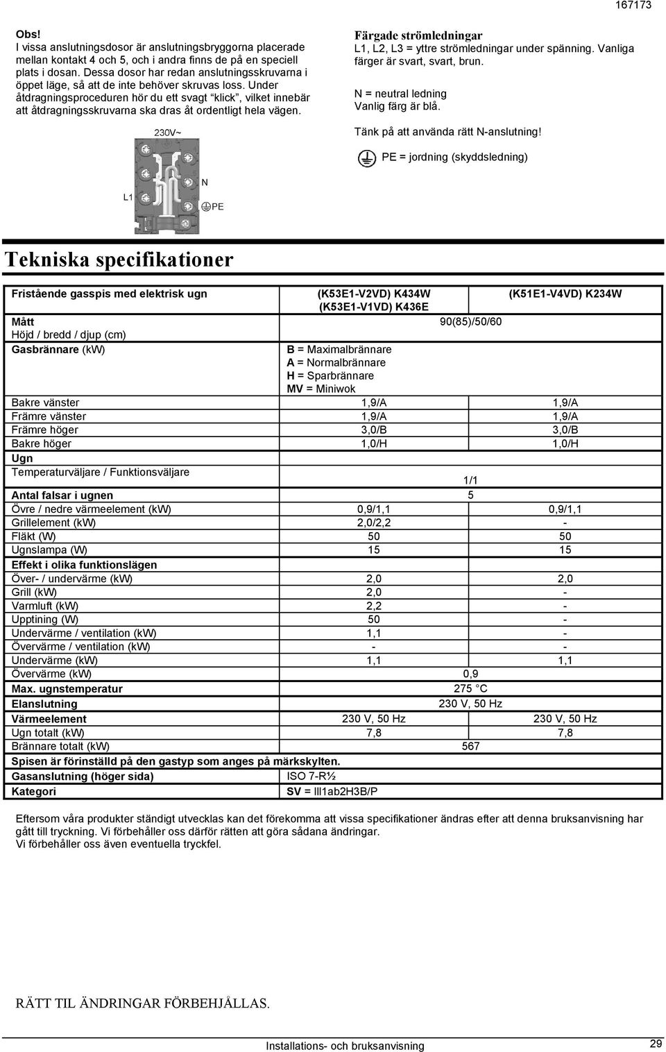 Under åtdragningsproceduren hör du ett svagt klick, vilket innebär att åtdragningsskruvarna ska dras åt ordentligt hela vägen. Färgade strömledningar L1, L2, L3 = yttre strömledningar under spänning.