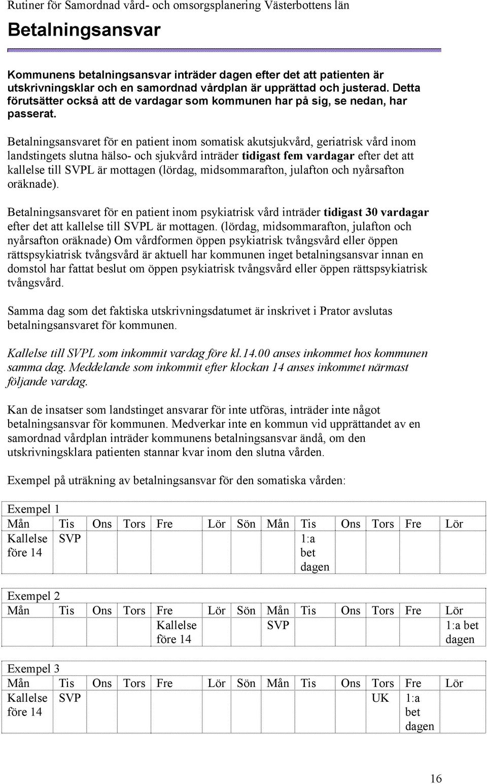 Betalningsansvaret för en patient inom somatisk akutsjukvård, geriatrisk vård inom landstingets slutna hälso- och sjukvård inträder tidigast fem vardagar efter det att kallelse till SVPL är mottagen