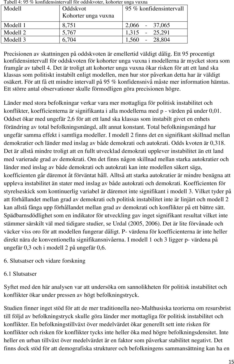 Ett 95 procentigt konfidensintervall för oddskvoten för kohorter unga vuxna i modellerna är mycket stora som framgår av tabell 4.