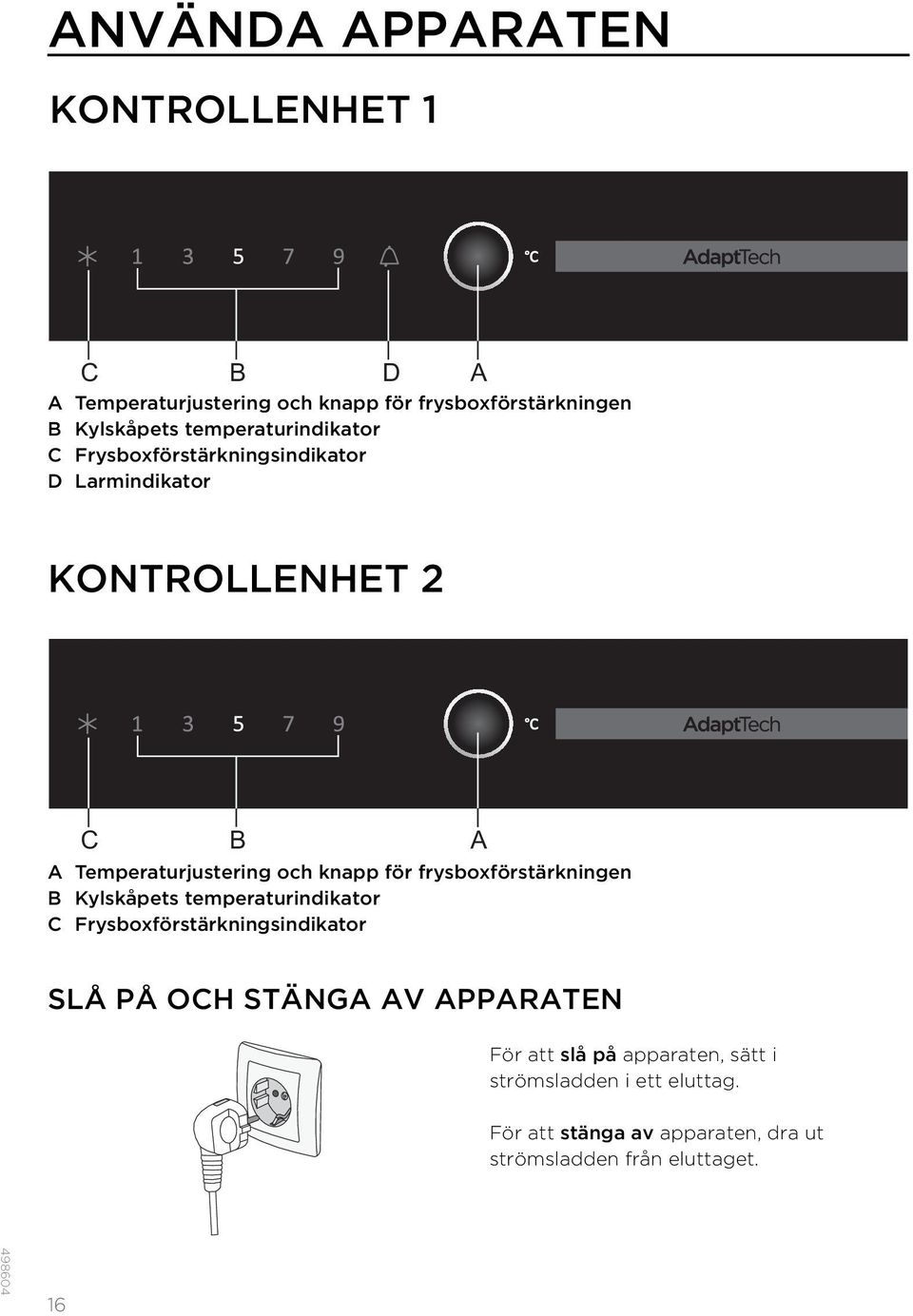 knapp för frysboxförstärkningen B Kylskåpets temperaturindikator C Frysboxförstärkningsindikator A SLÅ PÅ OCH STÄNGA AV
