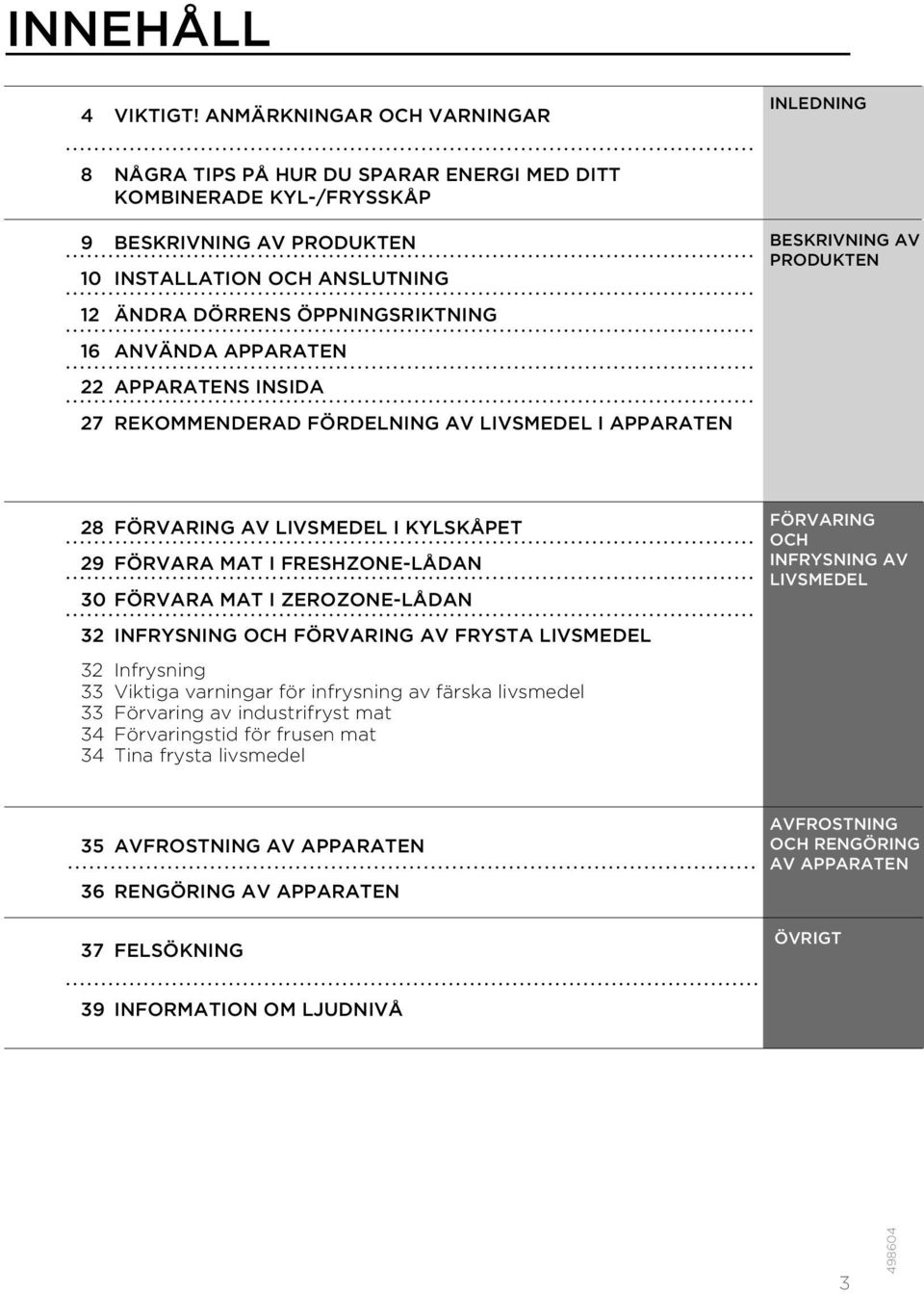 ÖPPNINGSRIKTNING 16 ANVÄNDA APPARATEN 22 APPARATENS INSIDA 27 REKOMMENDERAD FÖRDELNING AV LIVSMEDEL I APPARATEN BESKRIVNING AV PRODUKTEN 28 FÖRVARING AV LIVSMEDEL I KYLSKÅPET 29 FÖRVARA MAT I