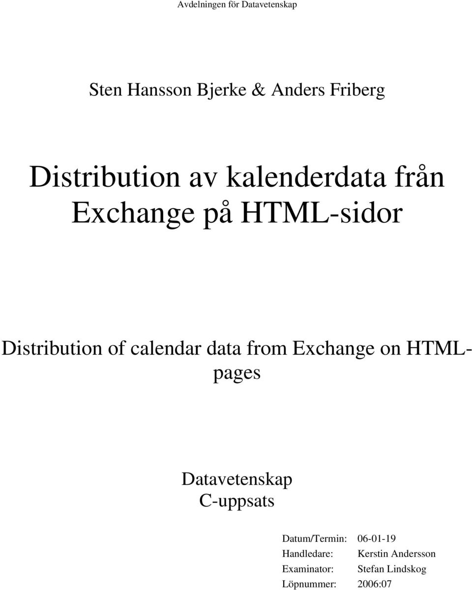 calendar data from Exchange on HTMLpages Datavetenskap C-uppsats