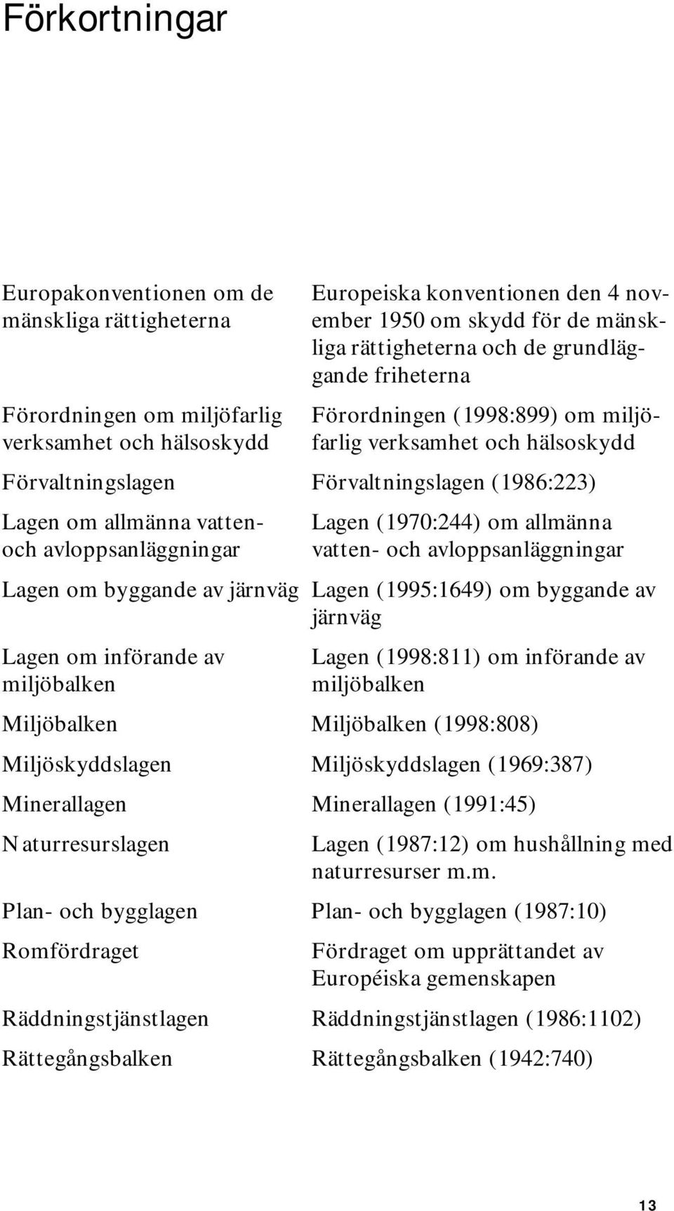 avloppsanläggningar Lagen (1970:244) om allmänna vatten- och avloppsanläggningar Lagen om byggande av järnväg Lagen (1995:1649) om byggande av järnväg Lagen om införande av miljöbalken Lagen