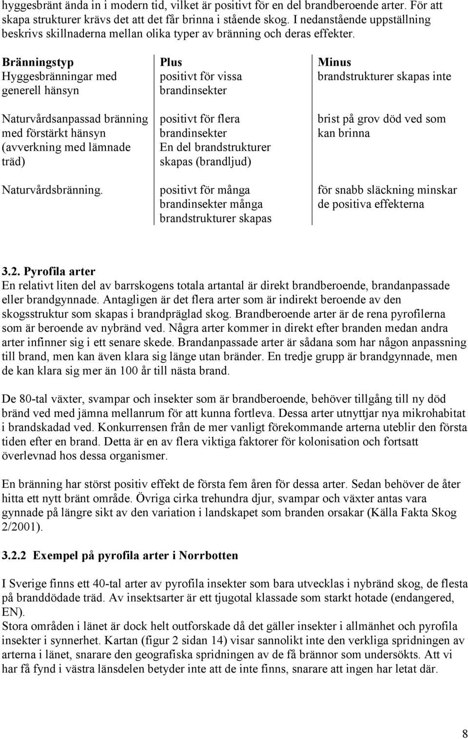 Bränningstyp Plus Minus Hyggesbränningar med positivt för vissa brandstrukturer skapas inte generell hänsyn brandinsekter Naturvårdsanpassad bränning med förstärkt hänsyn (avverkning med lämnade