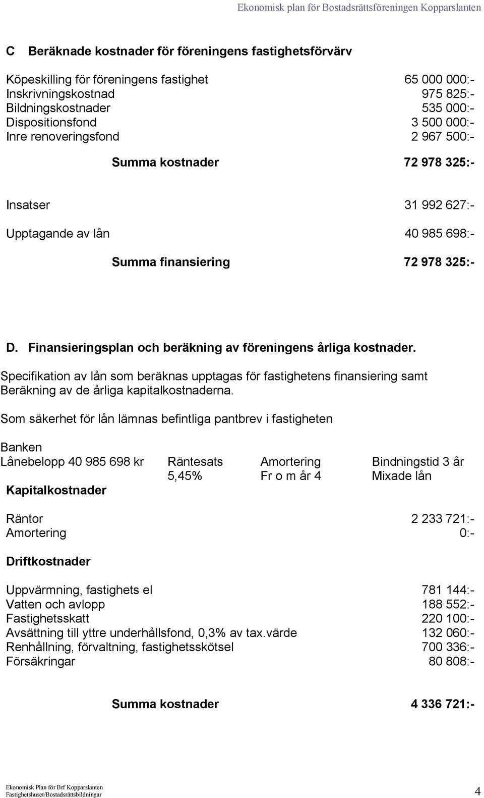 Finansieringsplan och beräkning av föreningens årliga kostnader. Specifikation av lån som beräknas upptagas för fastighetens finansiering samt Beräkning av de årliga kapitalkostnaderna.