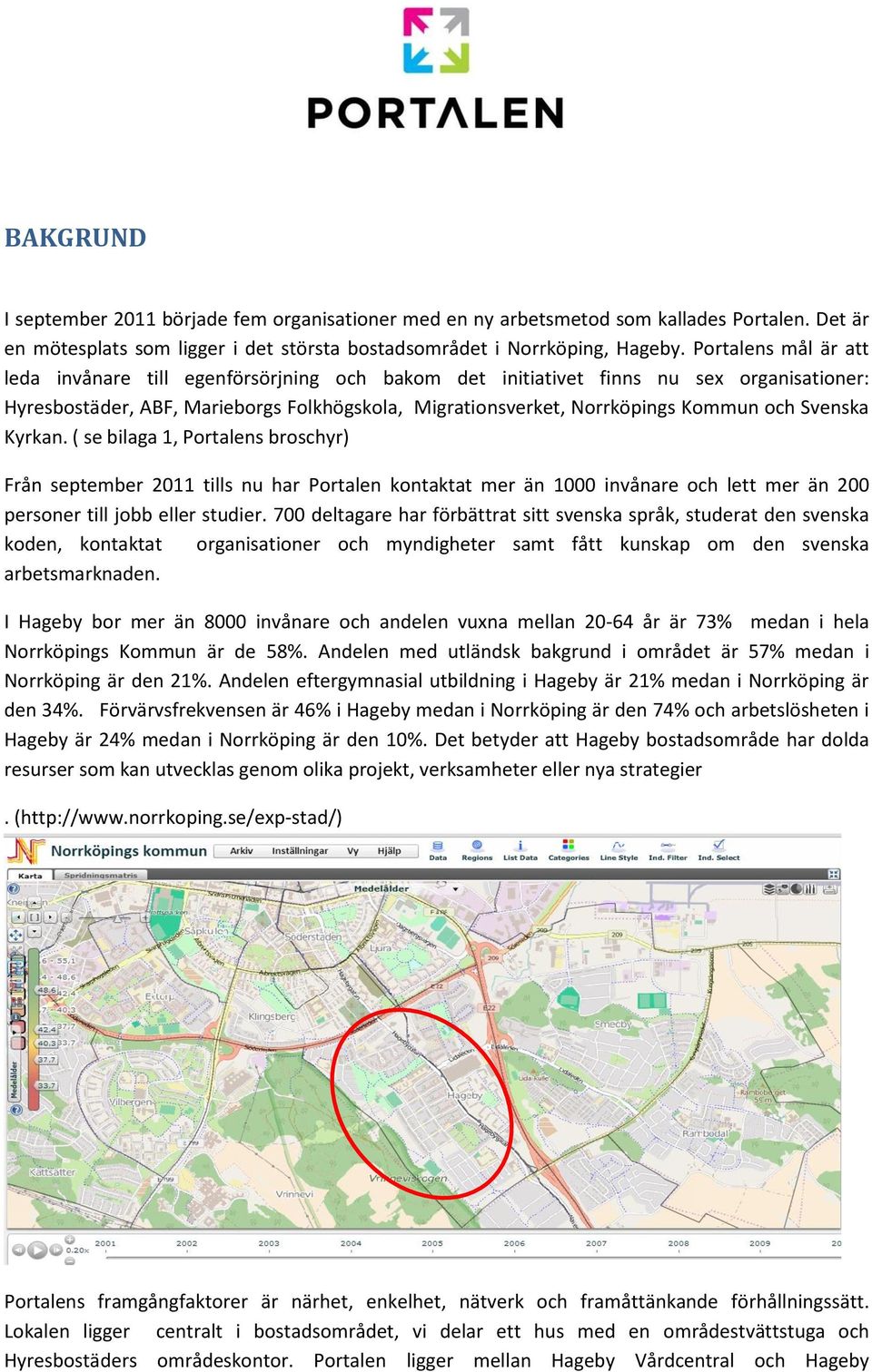 Svenska Kyrkan. ( se bilaga 1, Portalens broschyr) Från september 2011 tills nu har Portalen kontaktat mer än 1000 invånare och lett mer än 200 personer till jobb eller studier.