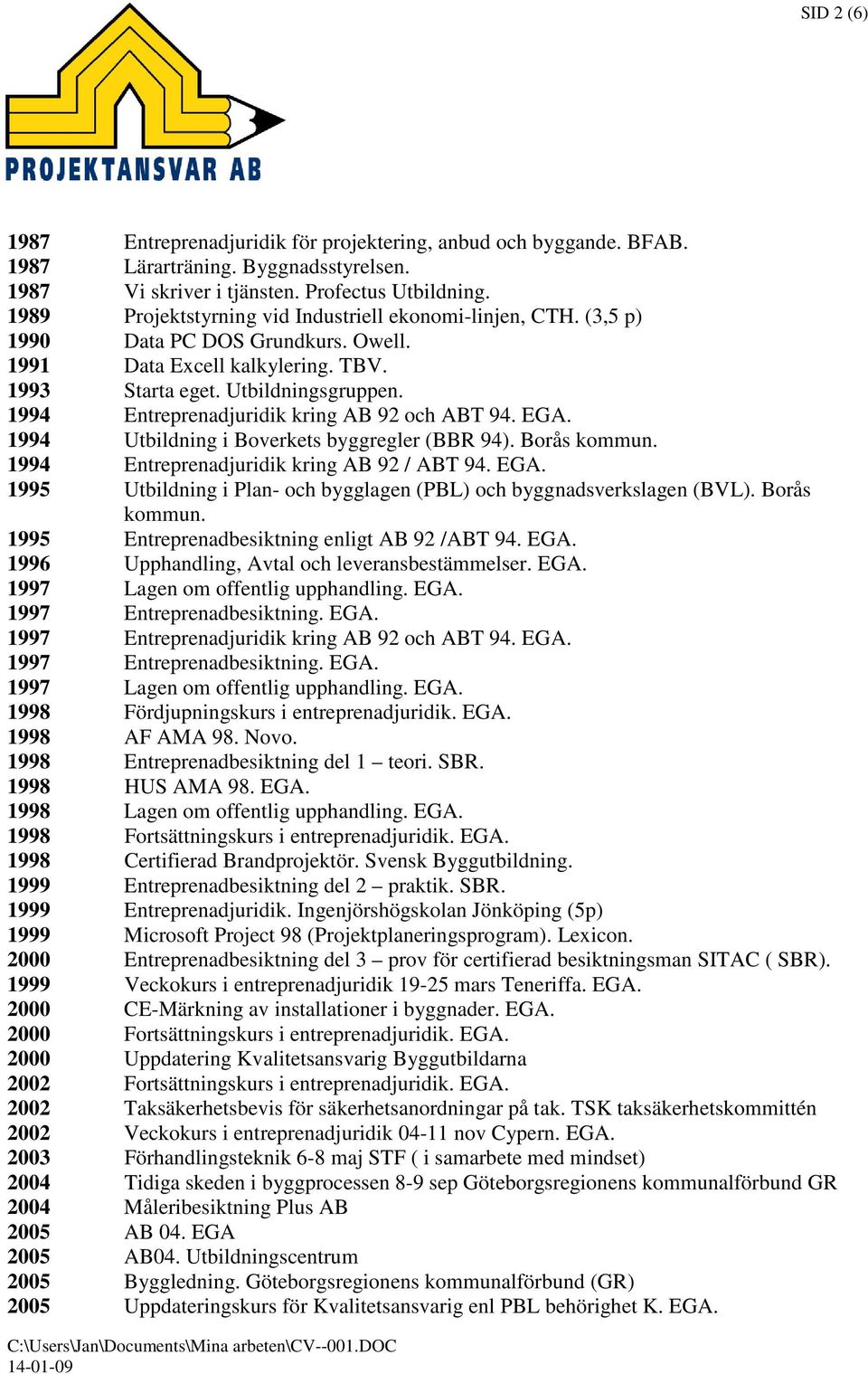 1994 Entreprenadjuridik kring AB 92 och ABT 94. EGA. 1994 Utbildning i Boverkets byggregler (BBR 94). Borås kommun. 1994 Entreprenadjuridik kring AB 92 / ABT 94. EGA. 1995 Utbildning i Plan- och bygglagen (PBL) och byggnadsverkslagen (BVL).